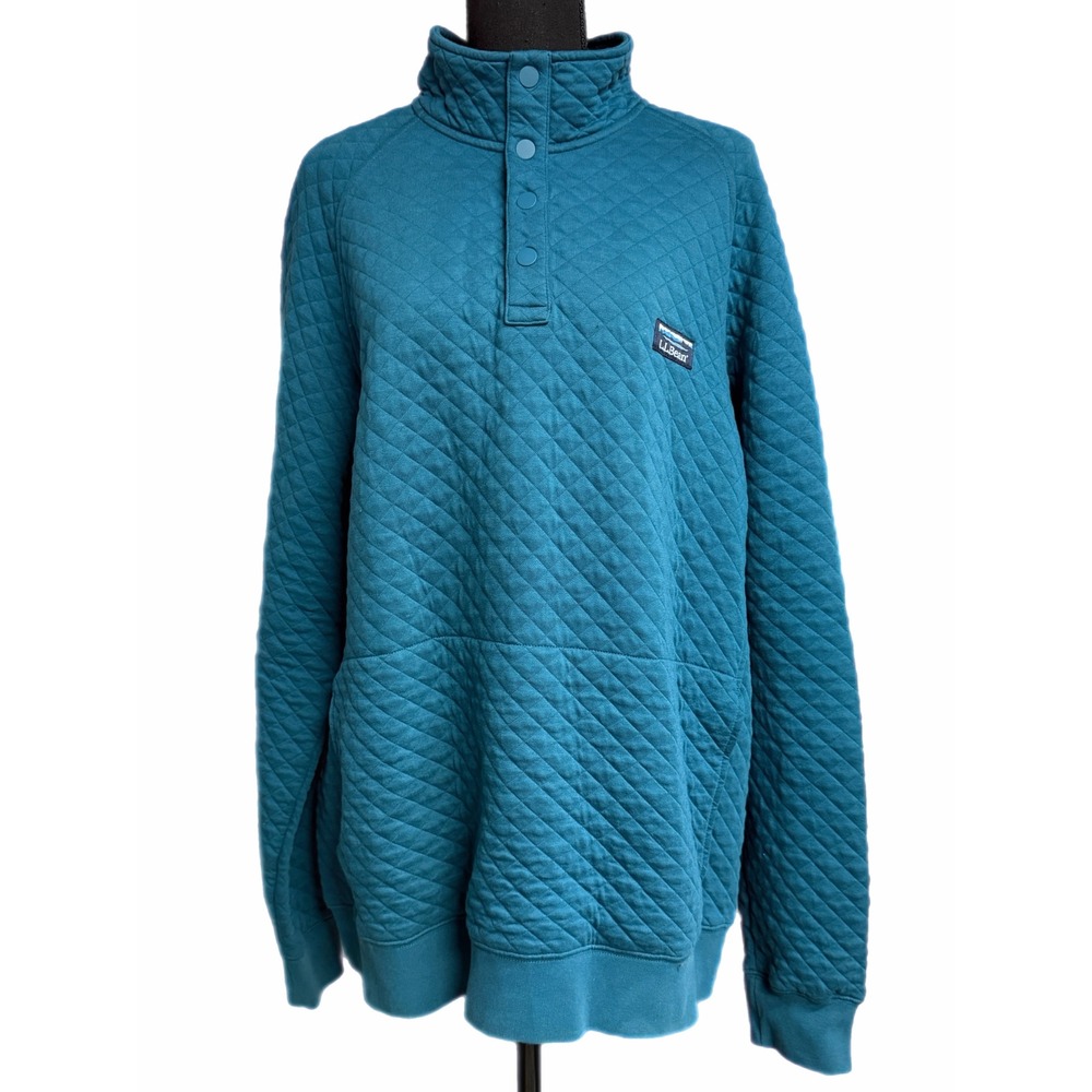 LL Bean Quilted Sweatshirt Teal Blue Snap Neck Pullover L 509332 Traditional Fit